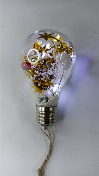 Елочный шар лампочка "Шишки с желтой мишурой", 5 LED, от батареек, БЕЛЫЙ 3813 - фото 579